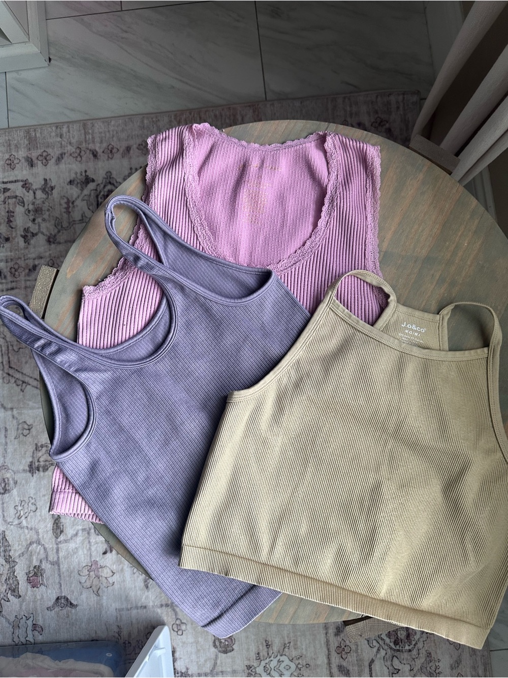3 Ribbed Tank Top Trio - Lilac, Lavender, Cream (different brands)